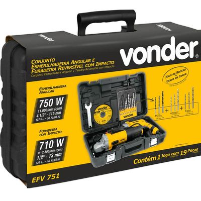Conjunto Esmerilhadeira e Furadeira 127V Vonder EFV 751 com Brocas e Discos