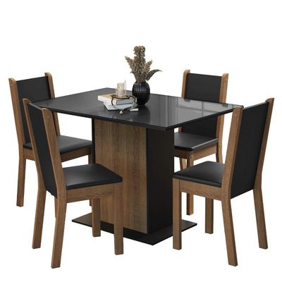 Conjunto Sala De Jantar Mesa Tampo De Vidro 4 Cadeiras Preto Rustic Martina Madesa