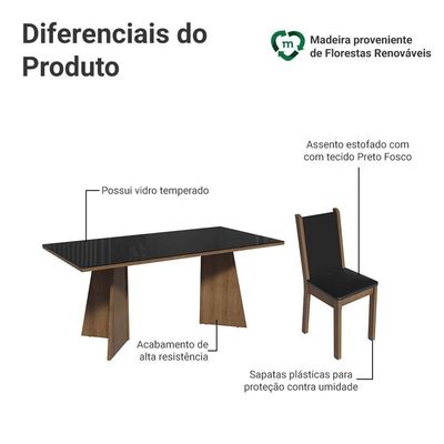 Conjunto Sala De Jantar Mesa Tampo De Vidro 6 Cadeiras Rustic Preto Viola Madesa Sintético