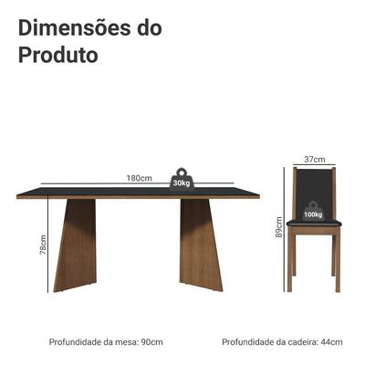 Conjunto Sala De Jantar Mesa Tampo De Vidro 6 Cadeiras Rustic Preto Viola Madesa Sintético