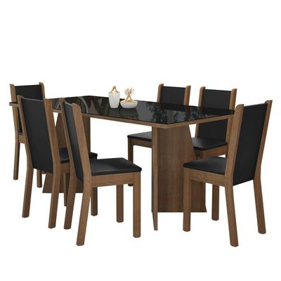 Conjunto Sala De Jantar Mesa Tampo De Vidro 6 Cadeiras Rustic Preto Viola Madesa Sintético