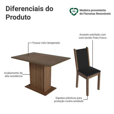 Conjunto Sala De Jantar Mesa Tampo De Vidro 4 Cadeiras Rustic Preto Martina Madesa