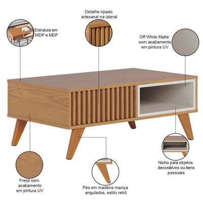 Kit Aparador Para Sala De Estar Com Mesa De Centro Delta C04 Freijó Off White Matte - Lyam Decor