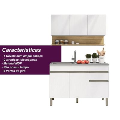 Kit Balcão De Pia Sem Tampo E Aereo 120 Cm 6 Portas 1 Gaveta Line - Supremo/supremo/cp-freijó