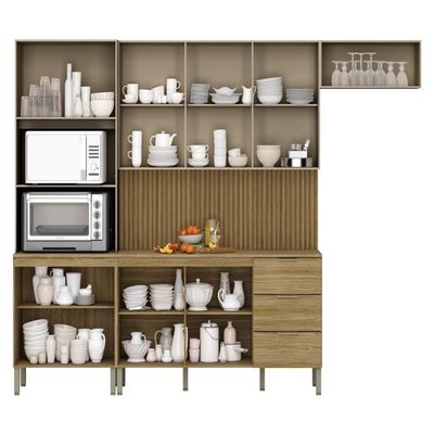 Armário De Cozinha Completa Com Balcão Com Tampo 10 Portas Glam Freijó-vanilla-com Ripado