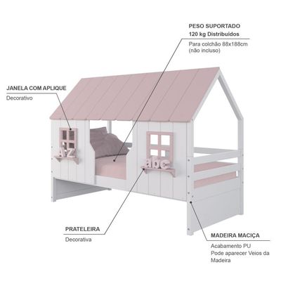 Cama Casinha Encantada Madeira Maciça Branco/ Rosa Housin