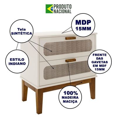 Kit 2 Mesas De Cabeceira 2 Gavetas Santorini Off White 60 Cm Com Tela Indiana - Off White