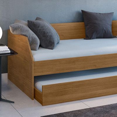 Sofá Cama Solteiro Duo Com Cama Auxiliar Em Mdf Reforçado 15mm Amendoa Com 2 Colchões
