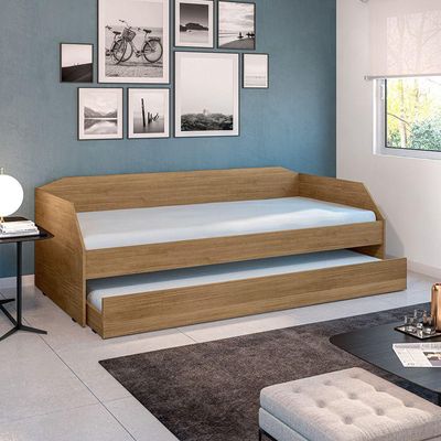Sofá Cama Solteiro Duo Com Cama Auxiliar Em Mdf Reforçado 15mm Amendoa Com 2 Colchões