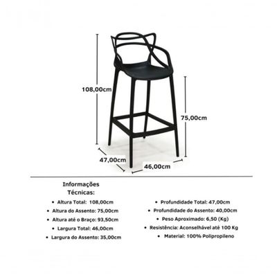 Conjunto 3 Banqueta Allegra Alta Master Empilhavel Preta Cozinha Americana Balcão Polipropileno