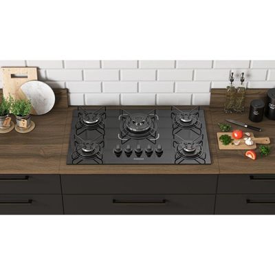 Cooktop 5 Bocas Itatiaia Preto Tripla Chama A Gás Em Aço Inox E Mesa Vidro Temperado Essencial - Bivolt