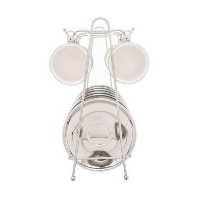 Conjunto 6 Xícaras De Café Com Pires De Porcelana E Suporte Versa Branco-prata 90ml - Wolff