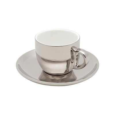 Conjunto 6 Xícaras De Café Com Pires De Porcelana E Suporte Versa Branco-prata 90ml - Wolff