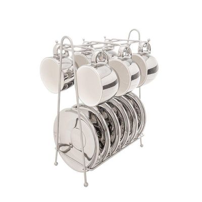 Conjunto 6 Xícaras De Café Com Pires De Porcelana E Suporte Versa Branco-prata 90ml - Wolff
