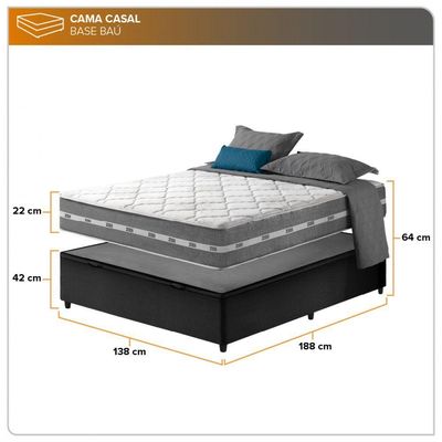 Cama Box Com Baú Casal Preto + Colchão Molas Ensacadas Miami Cinza Com Preto