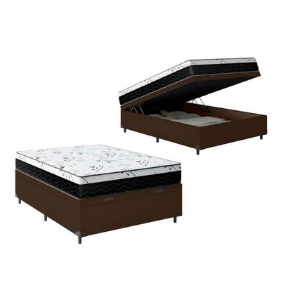 Cama Box Baú Casal 138 Tecido Sintético Marrom Com Colchão Espuma D33 One Face Preto - Bello Box - 58x138x188