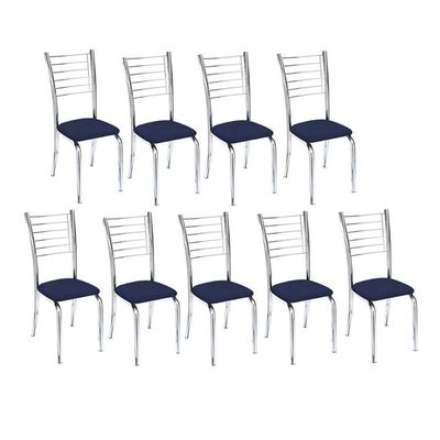 Kit 9 Cadeiras De Jantar Lara Cromada Para Cozinha Assento Corino Azul Marinho - Aurora Line
