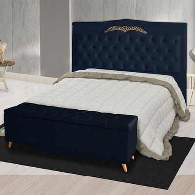 Kit Cabeceira De Cama Box E Calçadeira Baú Madri Queen 160 Cm Suede Azul Marinho Do Lar Móveis E Decoração
