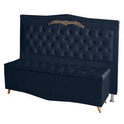 Kit Cabeceira De Cama Box E Calçadeira Baú Madri Queen 160 Cm Suede Azul Marinho Do Lar Móveis E Decoração