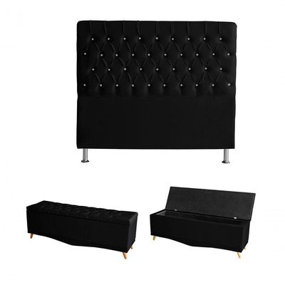 Kit Estrela Cabeceira De Cama Box E Calçadeira Baú Pés Palito Botão Cristal Queen 160 Cm Suede Preto Do Lar Móveis