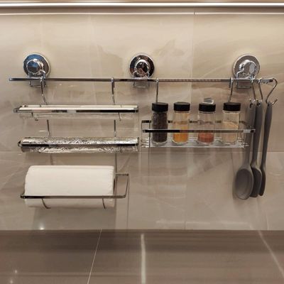 Barra com Ventosa para Pendurar Utensílios de Cozinha Suporte 70cm Aço Cromado