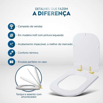 Tampa De Vaso Laqueado Com Amortecedor Quadra Preto Fosco Para Bacia Deca Com Ferragem Dourada