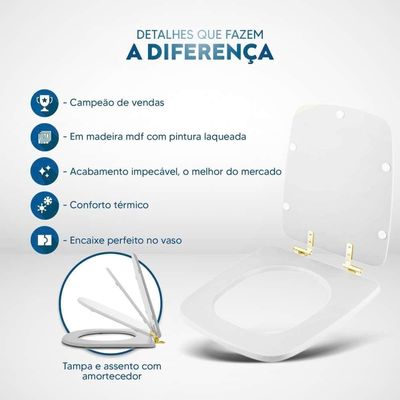 Tampa De Vaso Laqueado Com Amortecedor Boss Branco Para Bacia Incepa Com Ferragem Dourada
