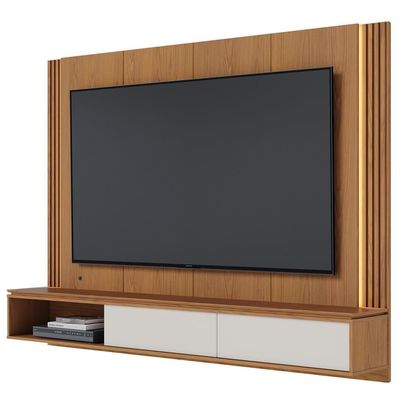 Painel Para Tv 75 Pol Bancada Suspensa Led Horebe C04 Freijó Off White Matte - Lyam Decor