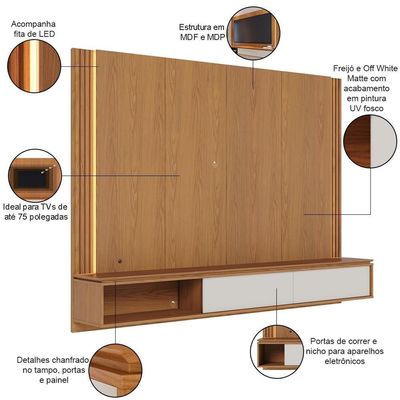 Painel Para Tv 75 Pol Bancada Suspensa Led Horebe C04 Freijó Off White Matte - Lyam Decor