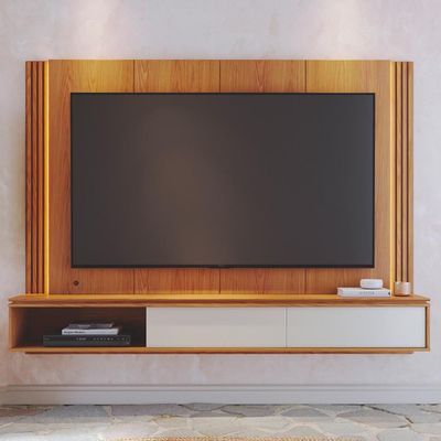 Painel Para Tv 75 Pol Bancada Suspensa Led Horebe C04 Freijó Off White Matte - Lyam Decor