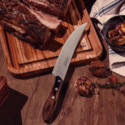 Faca para Carne Butcher 8' Tramontina em Aço Inox e Cabo em Madeira Polywood Castanho