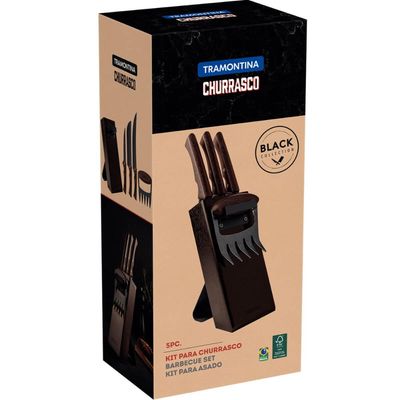 Kit para Churrasco Tramontina Black 5pçs Facas 6' 8' 10' Garra de Urso Suporte Cepo de Madeira