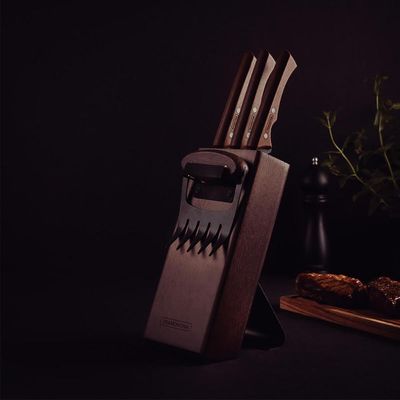 Kit para Churrasco Tramontina Black 5pçs Facas 6' 8' 10' Garra de Urso Suporte Cepo de Madeira