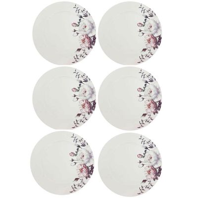 Jogo 6 Pratos Rasos de Porcelana Germer Branco Garden com Estampa Floral Redondos 27cm