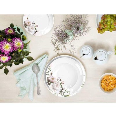 Jogo 6 Pratos Rasos de Porcelana Germer Branco Garden com Estampa Floral Redondos 27cm