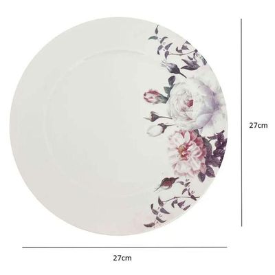 Jogo 6 Pratos Rasos de Porcelana Germer Branco Garden com Estampa Floral Redondos 27cm