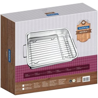 Assadeira Tramontina Service 6,4L em Aço Inox com Grelha 39x33cm com Alças Laterais Inox