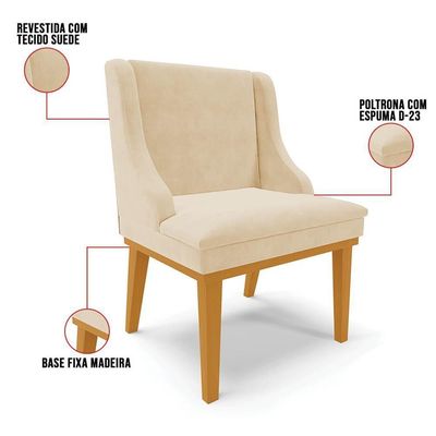 Kit 8 Cadeiras Estofadas Para Sala De Jantar Base Fixa De Madeira Castanho Lia Suede Bege - Ibiza