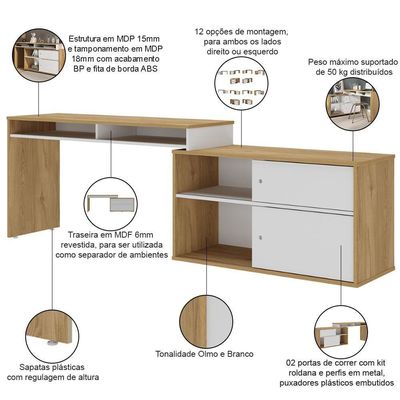 Mesa Para Escritório Escrivaninha Home Office 12 Em 1 Forms A02 Olmo Branco - Lyam Decor