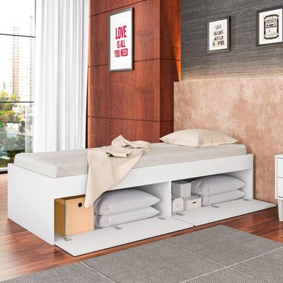 Cama de Solteiro com 4 Portas Branca MDP Tókio Organizador Cobertores Travesseiros Art In Móveis