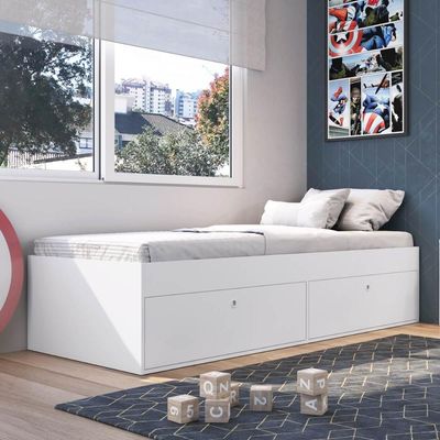 Cama de Solteiro com 4 Portas Branca MDP Tókio Organizador Cobertores Travesseiros Art In Móveis