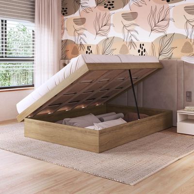 Cama Casal com Box Baú Mel MDP Bogotá Organizador Cobertores Travesseiros Art In Móveis