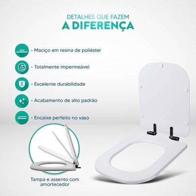Tampa De Vaso Poliéster Com Amortecedor Quadra Branco Para Bacia Deca Com Ferragem Preta