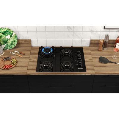 Cooktop 4 Bocas Itatiaia A Gás Em Aço Inox E Mesa Vidro Temperado Essencial Preto - Bivolt