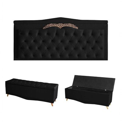 Kit Barcelona Cabeceira De Cama Painel E Calçadeira Baú Queen 160 Cm Suede Preto Do Lar Móveis E Decoração