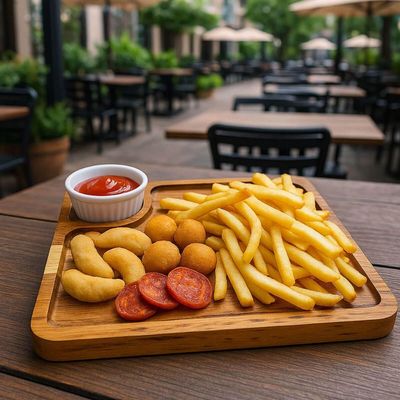 Tábua com Ramekin 30ml Petisqueira 22,5cm Teca Zanline Aperitivos Frios