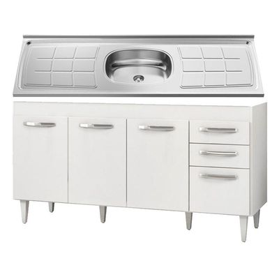 Balcão Gabinete áustria E Pia Inox 160cm 4 Portas - Lumil Móveis Branco