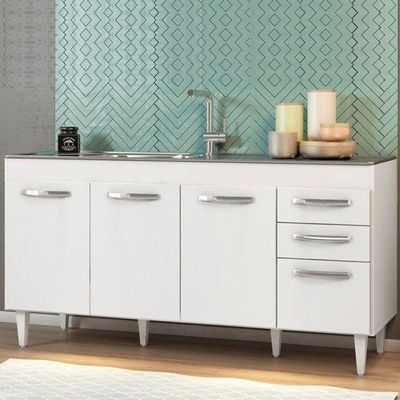 Balcão Gabinete áustria E Pia Inox 160cm 4 Portas - Lumil Móveis Branco