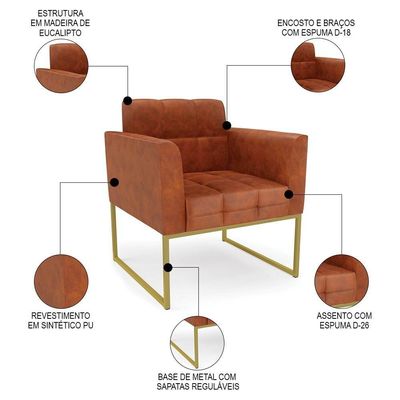 Poltrona Decorativa Base Industrial Dourado Ana Sintético Pu Nozes - Ibiza