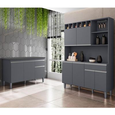 Cozinha Compacta Alice E Balcão Gabinete Com Tampo Tatiane 120cm Cinza - Ajl Móveis